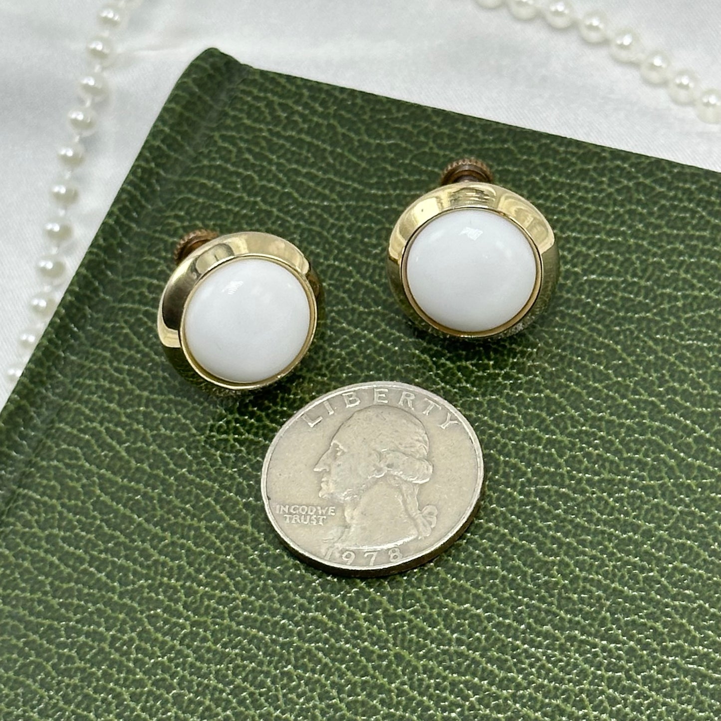 Gold and White Button Style Screw Back Earrings
