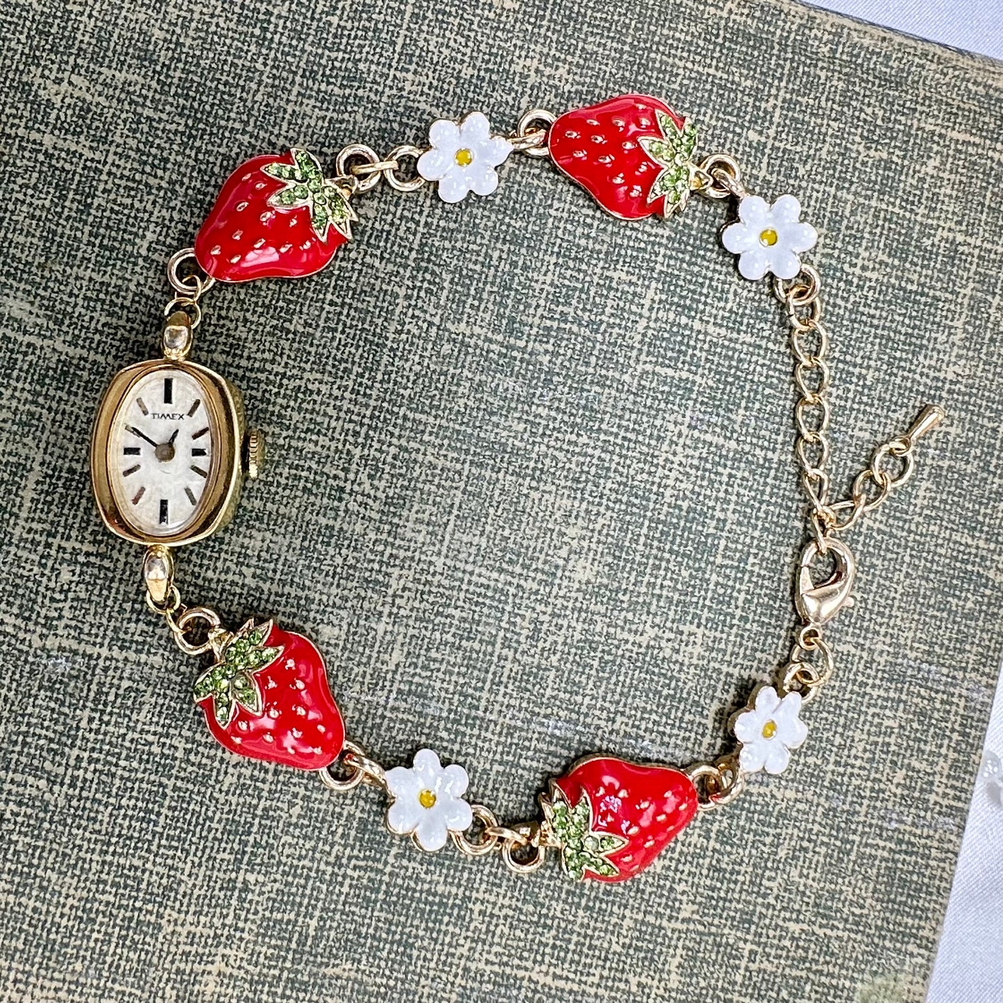 Gold 1979 Timex with Strawberry Charm Bracelet