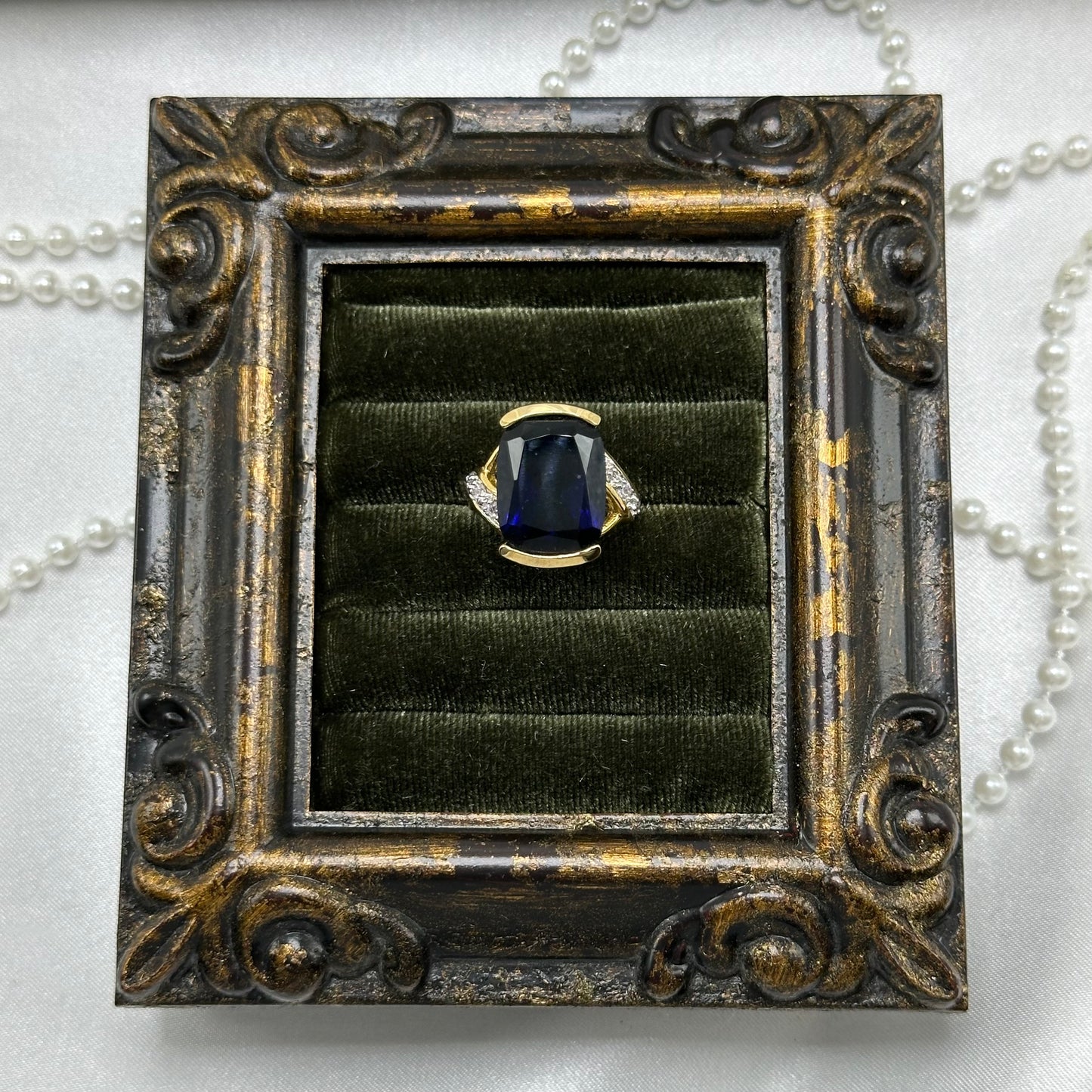 Large Dark Blue Cubic Zirconia Stone Vintage Deadstock Ring 14k Gold Electroplated