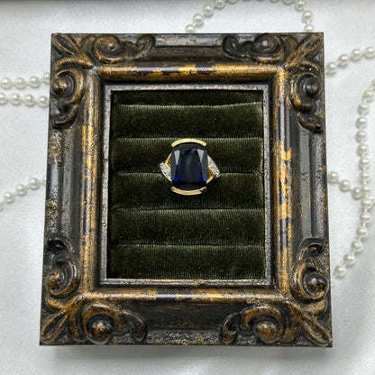Large Dark Blue Cubic Zirconia Stone Vintage Deadstock Ring 14k Gold Electroplated