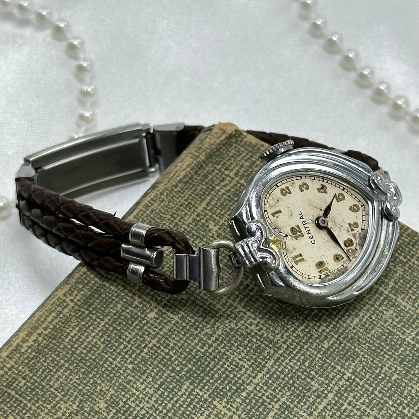 Vintage Silver Wind-Up Heart Watch with Brown Braided Leather Band