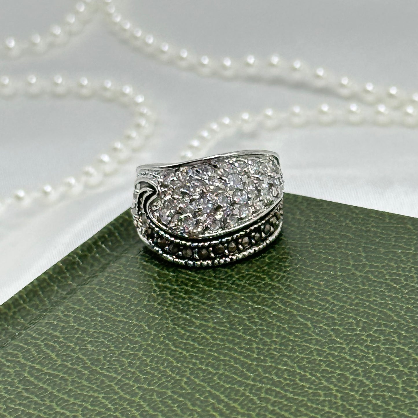 Vintage Black and Clear Stone Deadstock Pave Band Ring Rhodium Plated