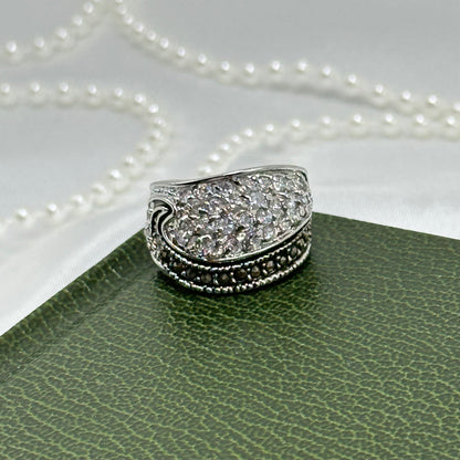 Vintage Black and Clear Stone Deadstock Pave Band Ring Rhodium Plated