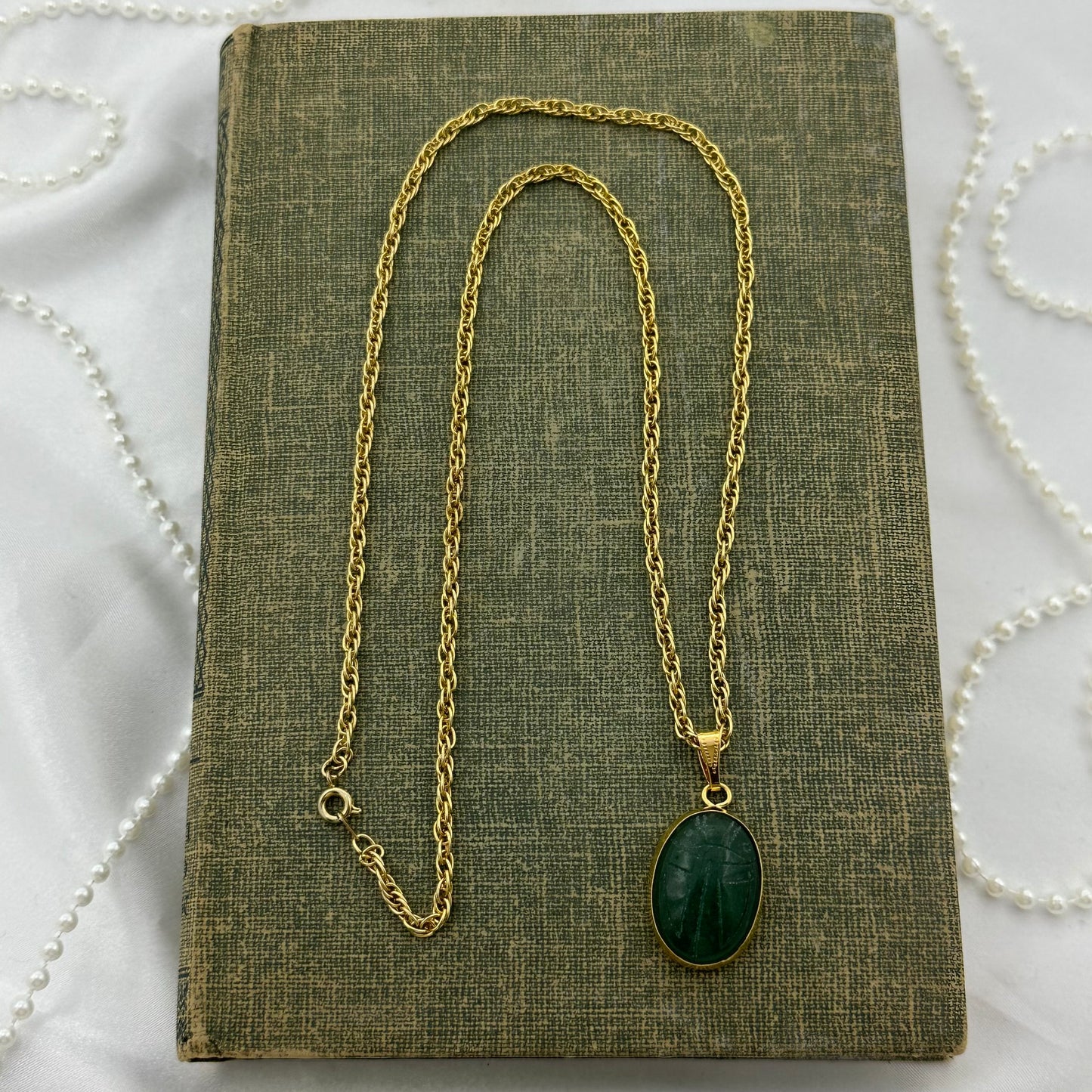 Gold Vintage Green Scarab Necklace