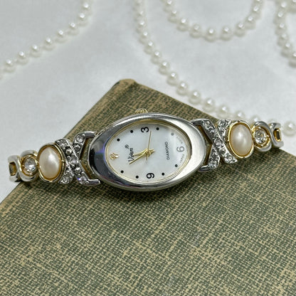 Two-Tone Diamanté and Pearl Watch with Mother of Pearl Dial