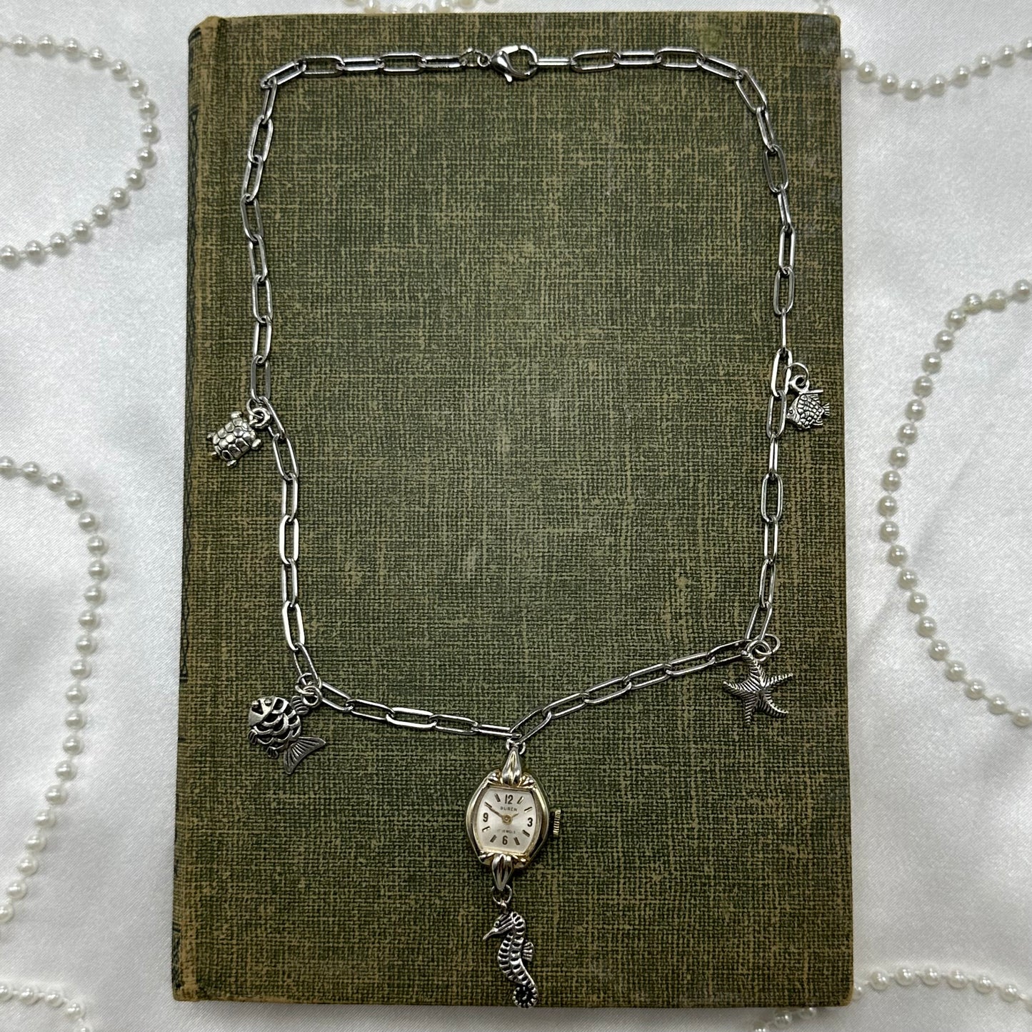 Silver Lariat Necklace with Vintage Watch and Ocean Charms