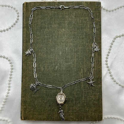 Silver Lariat Necklace with Vintage Watch and Ocean Charms