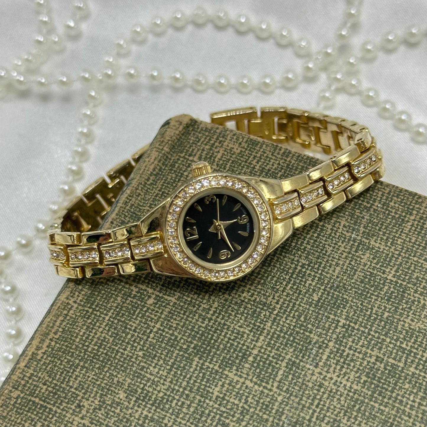 Dainty Diamanté Gold Watch with Round Black Dial