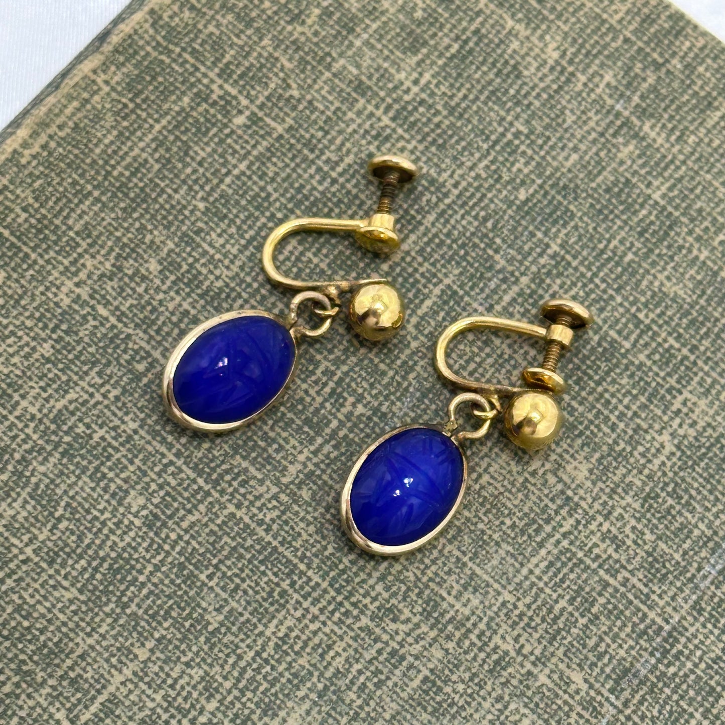 Vintage Gold Filled Blue Scarab Screw Back Dangle Earrings
