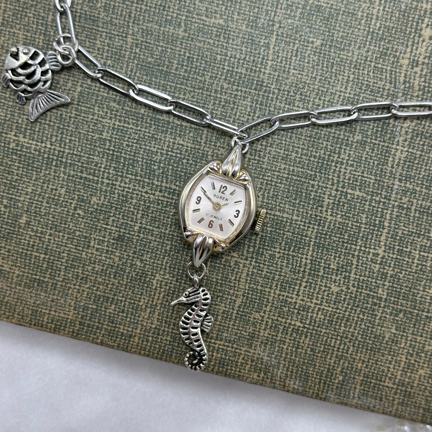 Silver Lariat Necklace with Vintage Watch and Ocean Charms