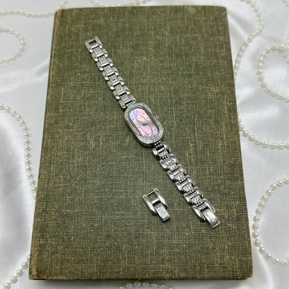 Silver Diamanté Fossil Watch with Purple and Pink Iridescent Dial