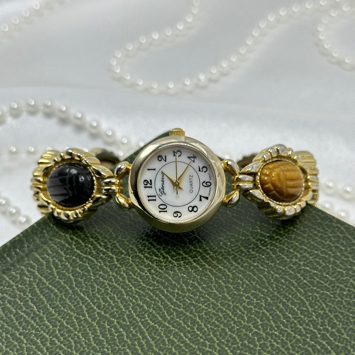 Vintage Gold Scarab Watch with Mother of Pearl Dial