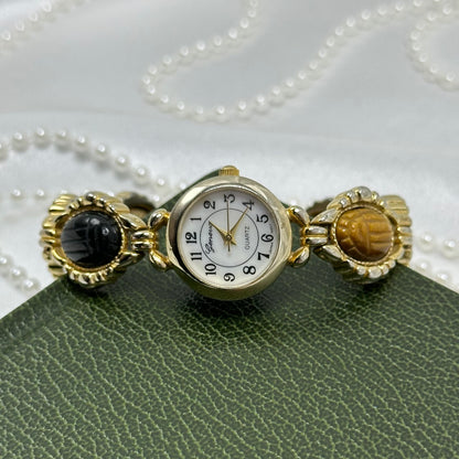 Vintage Gold Scarab Watch with Mother of Pearl Dial