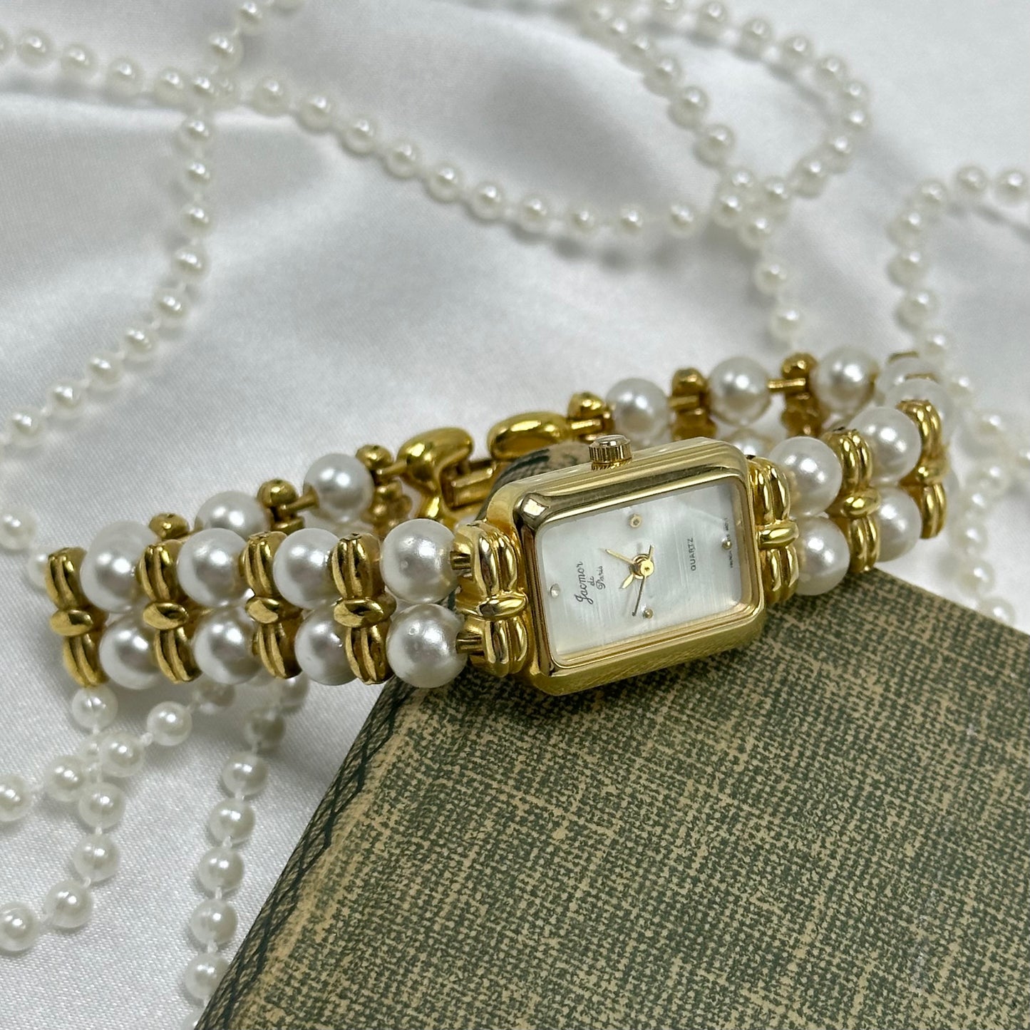 Gold Vintage Pearl Watch with Rectangular Mother of Pearl Dial
