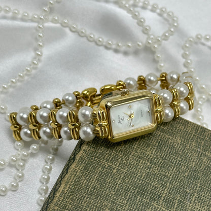 Gold Vintage Pearl Watch with Rectangular Mother of Pearl Dial