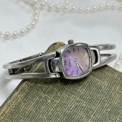 Silver Fossil Cuff Watch with Iridescent Dial