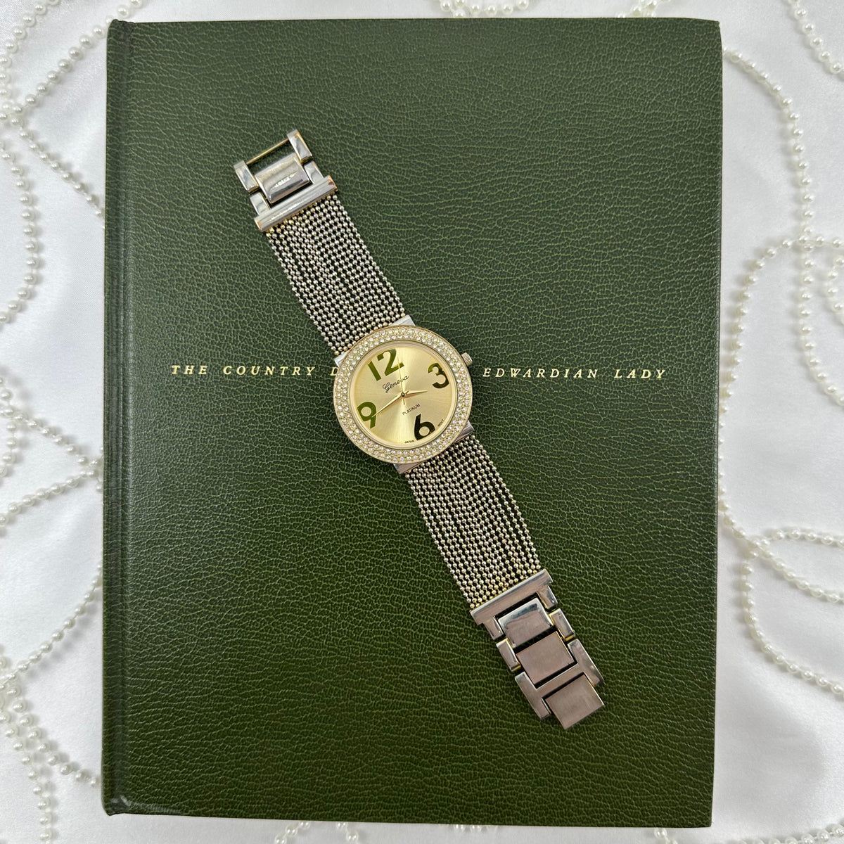 Gold Geneva Watch with Beaded Chain Band