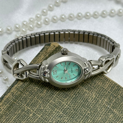 Silver Watch with Heart Band and Teal Dial