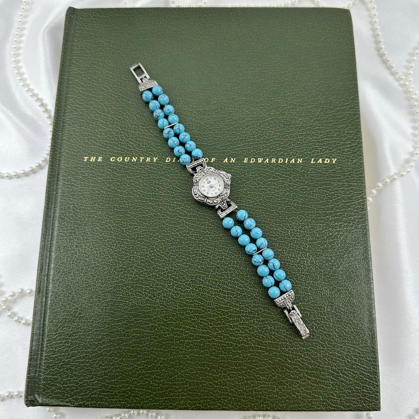 Silver Marcasite Watch with Turquoise Bead Band