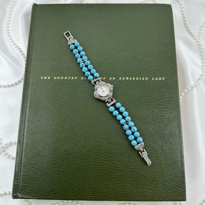 Silver Marcasite Watch with Turquoise Bead Band
