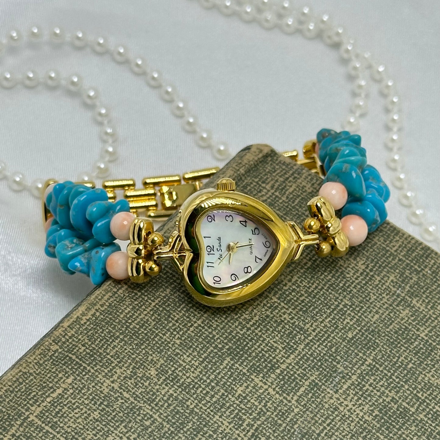 Gold Blue and Pink Beaded Band Watch with Mother of Pearl Heart Dial