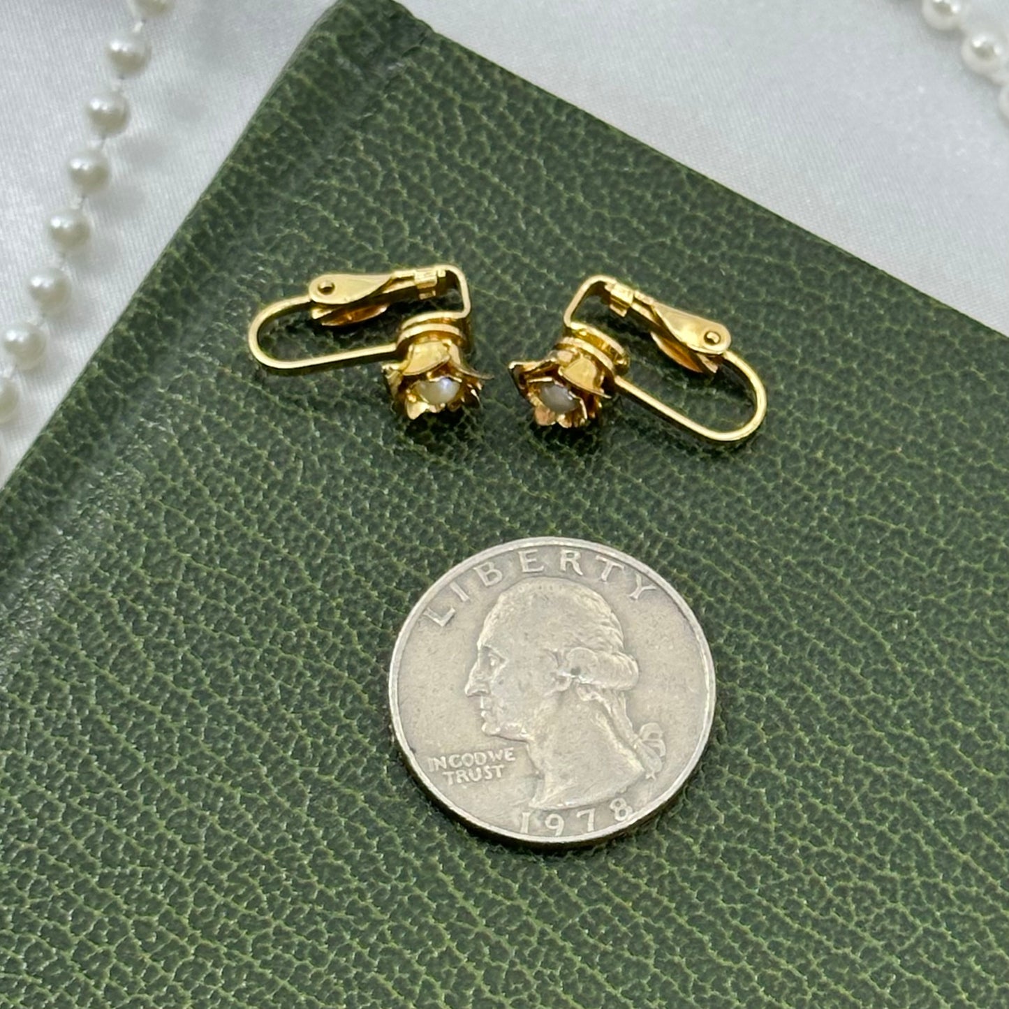 Vintage Dainty Gold Flower Clip On Earrings with Pearl Centers