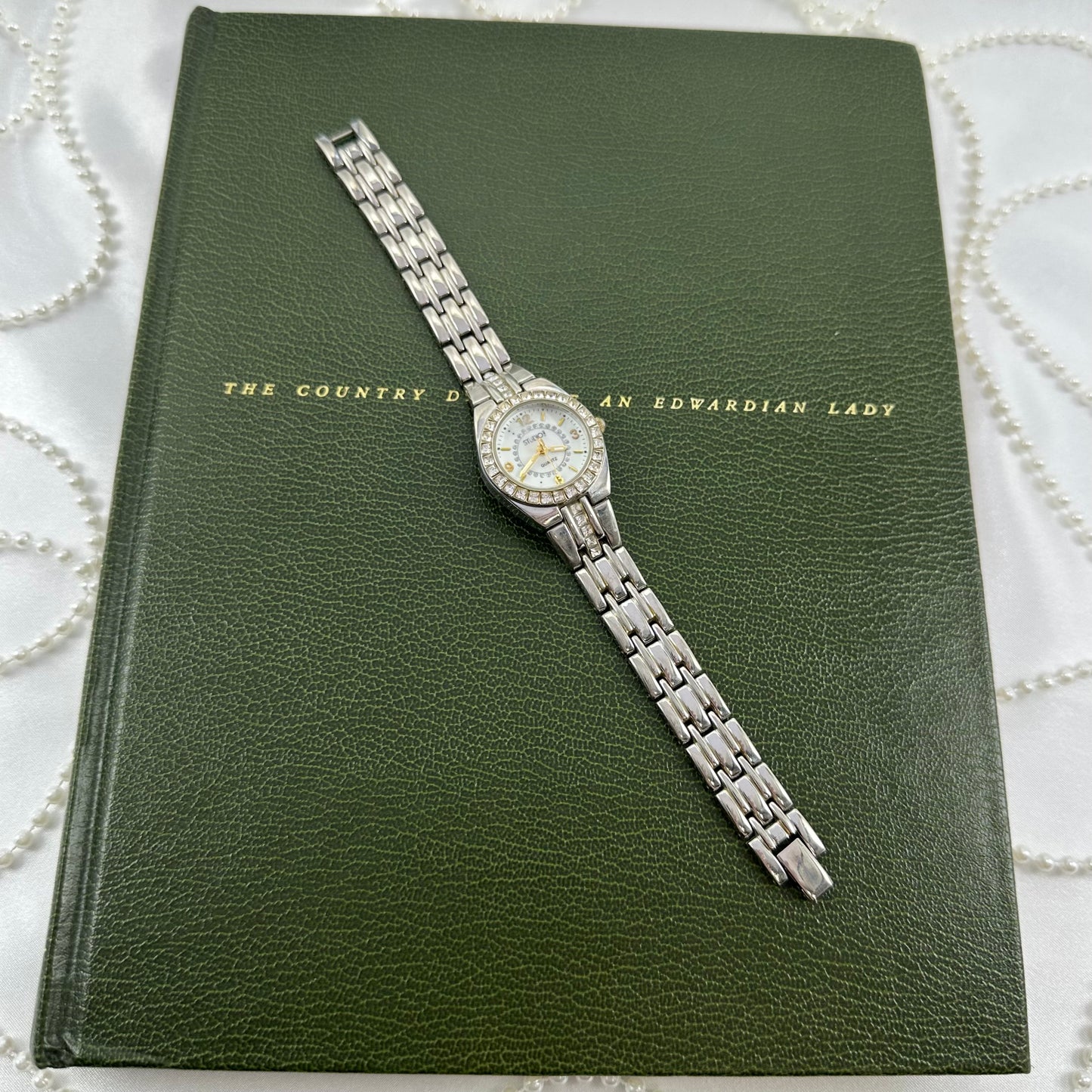 Two-Tone Diamanté Watch with Round Mother of Pearl Dial