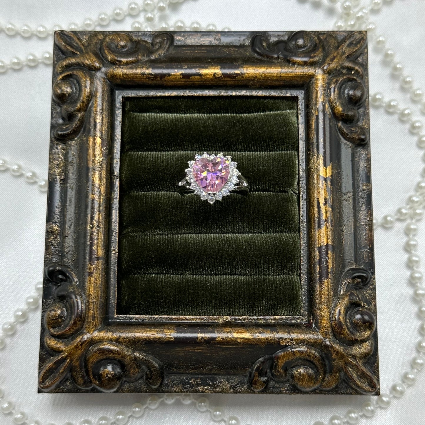 Vintage Light Pink Heart Stone Deadstock Ring Rhodium Plated