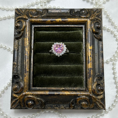 Vintage Light Pink Heart Stone Deadstock Ring Rhodium Plated
