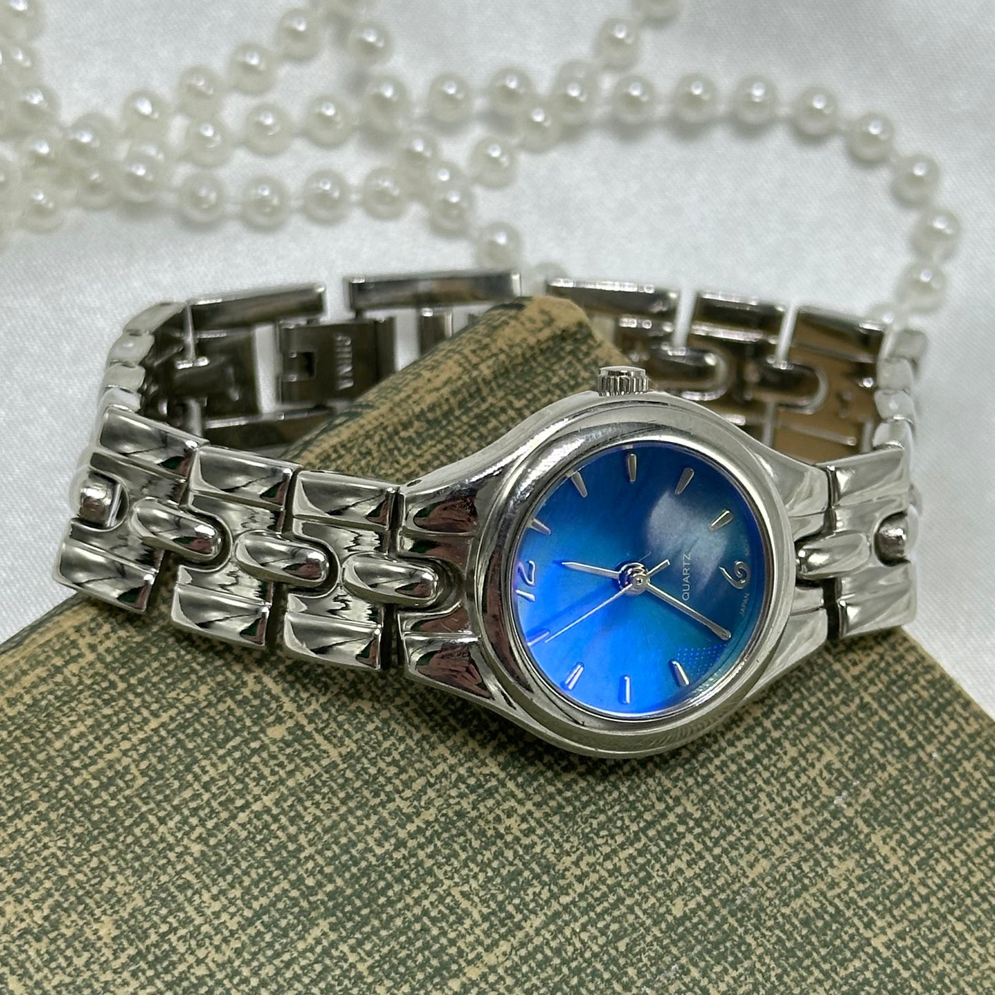 Silver Watch with Blue Iridescent Dial