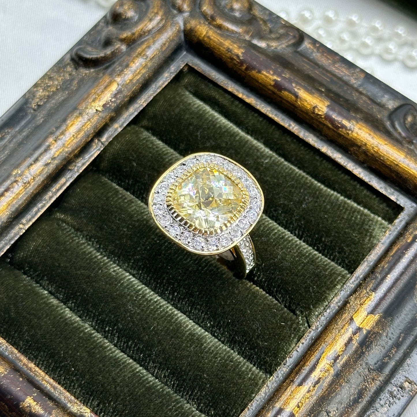 Large Round Champagne Cubic Zirconia Stone Vintage Deadstock Ring 14k Gold Electroplated
