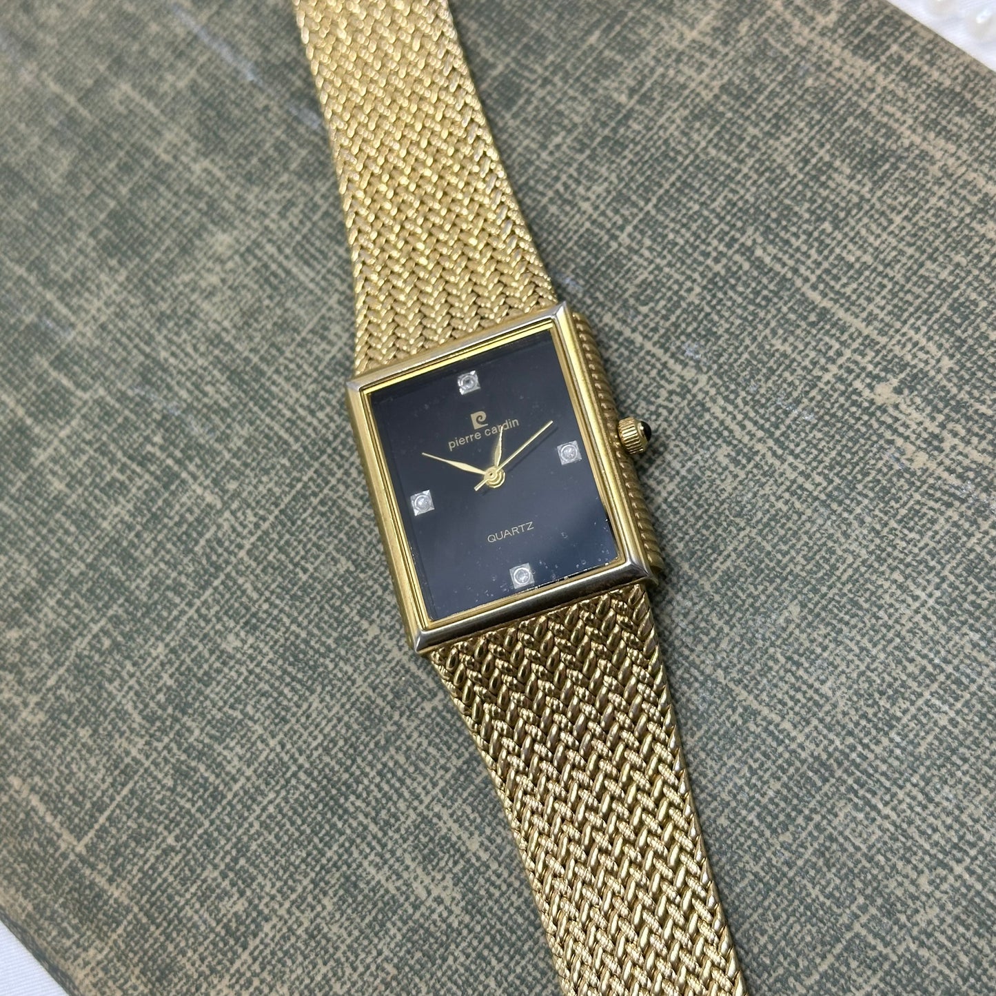 Vintage Pierre Cardin Gold Tank Watch with Black Dial and Diamond Markers