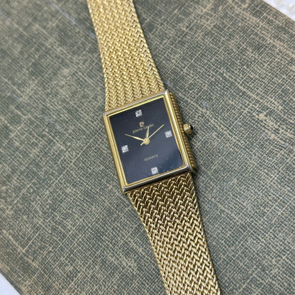 Vintage Pierre Cardin Gold Tank Watch with Black Dial and Diamond Markers