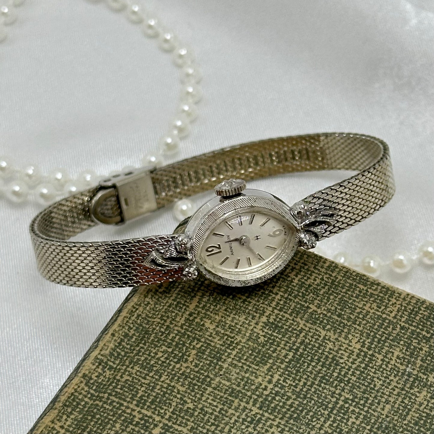 10k RGP Dainty Silver Wind-Up Hamilton Cocktail Watch with Diamond Dial