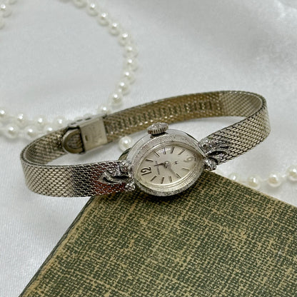 10k RGP Dainty Silver Wind-Up Hamilton Cocktail Watch with Diamond Dial