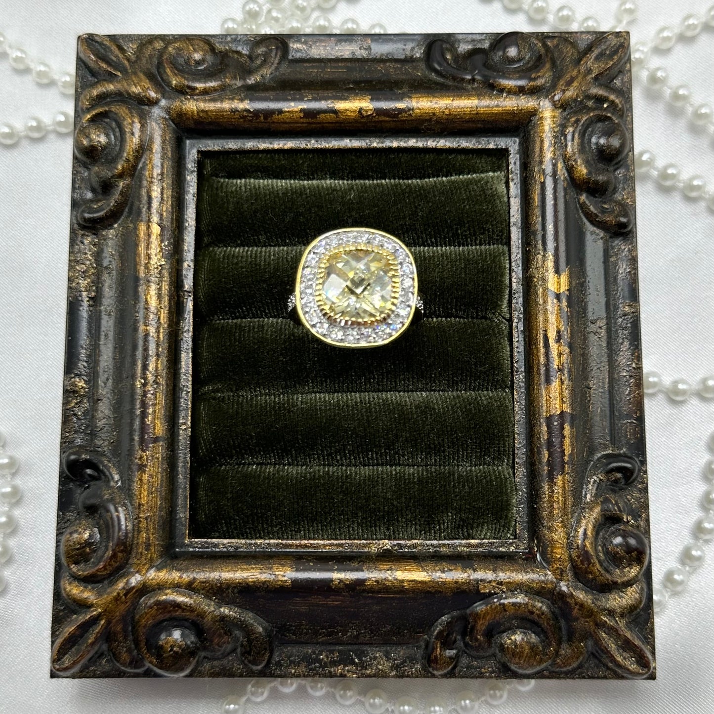 Large Round Champagne Cubic Zirconia Stone Vintage Deadstock Ring 14k Gold Electroplated