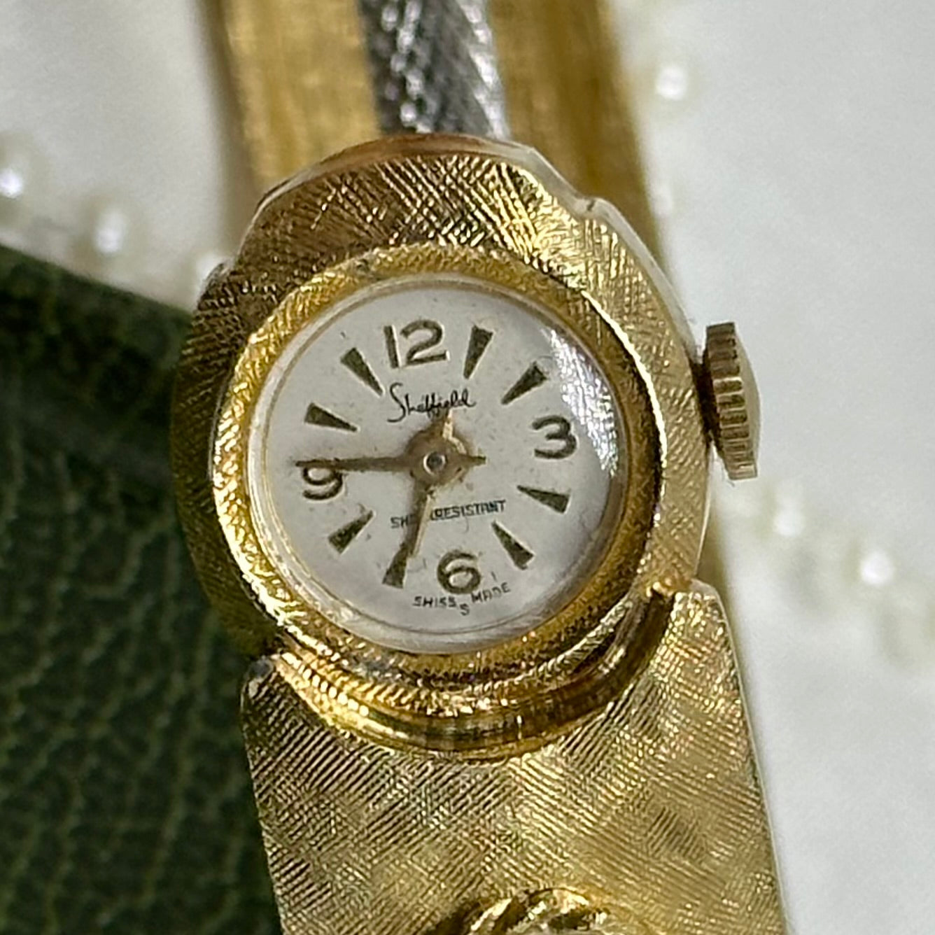 Vintage Gold Bangle Peekaboo Watch with Pearls