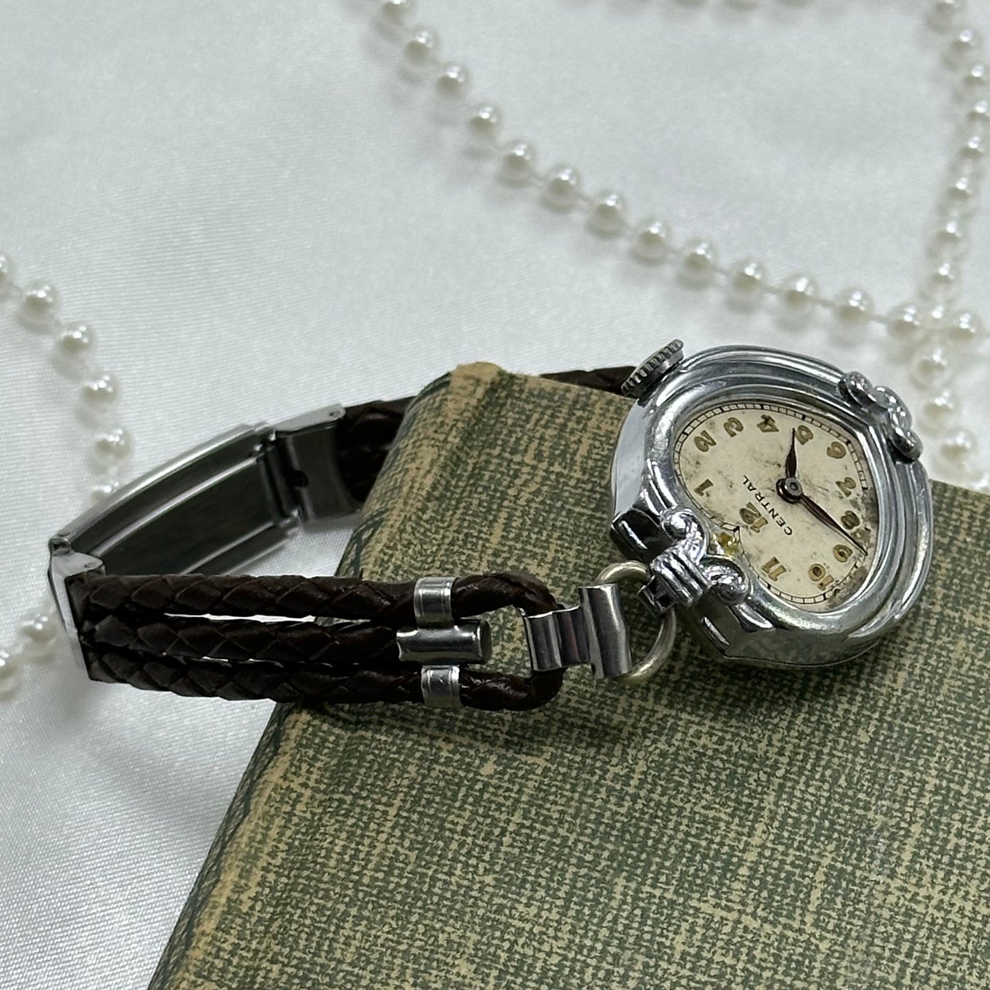 Vintage Silver Wind-Up Heart Watch with Brown Braided Leather Band