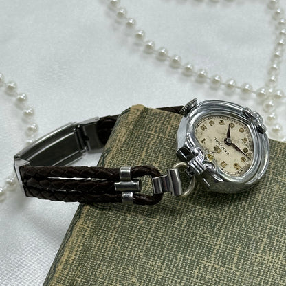 Vintage 1930's Silver Wind-Up Heart Watch with Brown Braided Leather Band