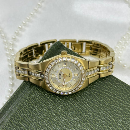 Queen's Court Gold Relic Watch with Crystal Accents and Date Display