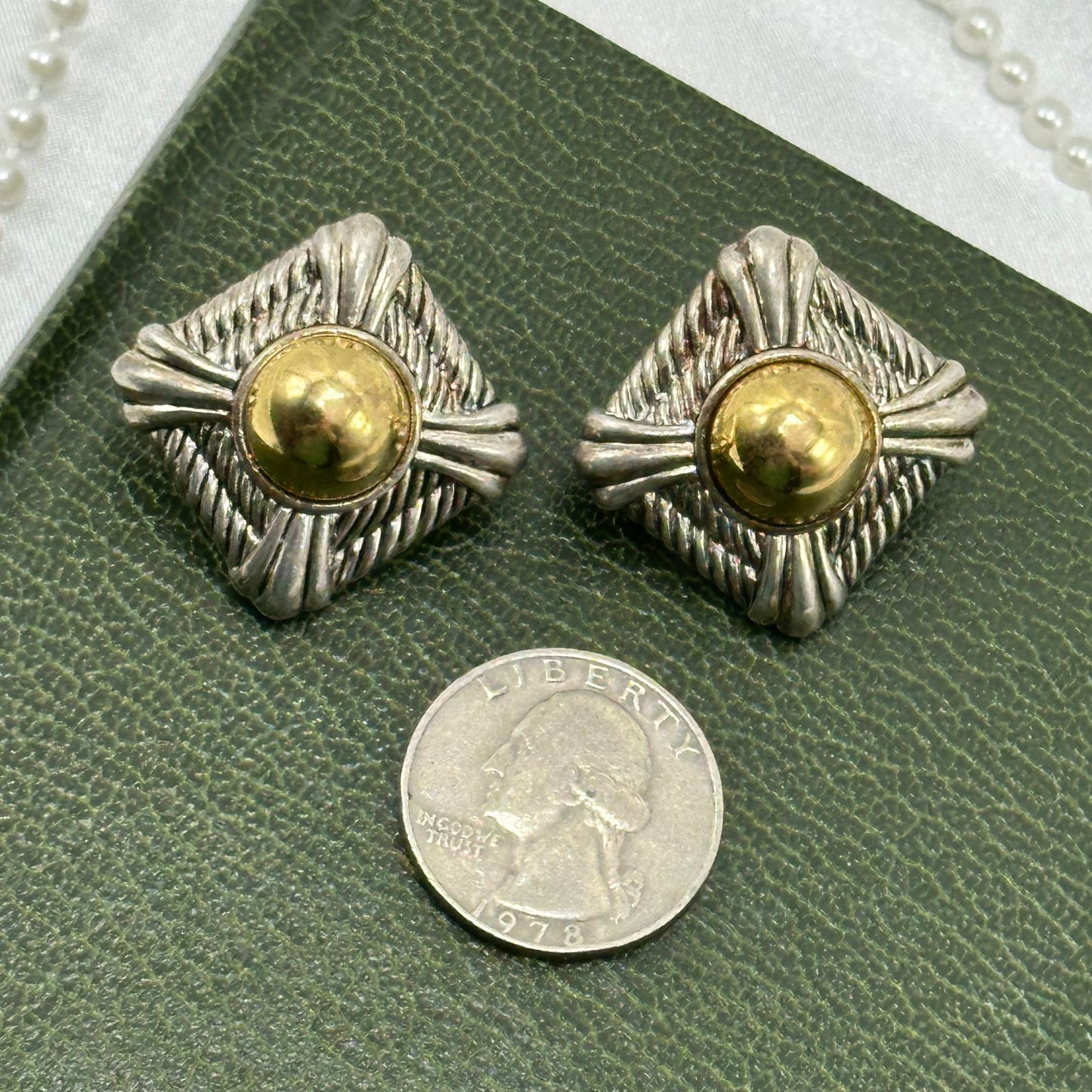 Two-Tone Vintage Avon Diamond Shaped Clip On Earrings