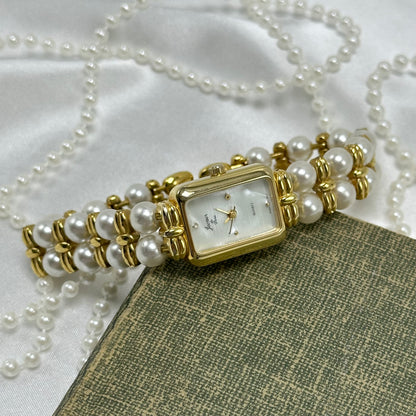 Gold Vintage Pearl Watch with Rectangular Mother of Pearl Dial