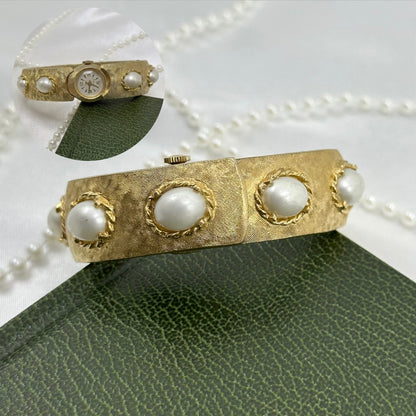Vintage Gold Bangle Peekaboo Watch with Pearls