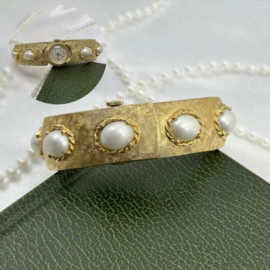 Vintage Gold Bangle Peekaboo Watch with Pearls