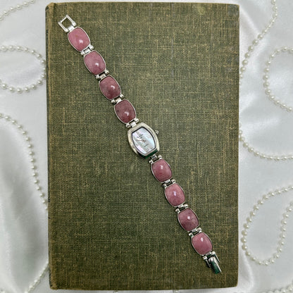 Sterling Silver Watch with Mother of Pearl Dial and Pink Gemstone Band