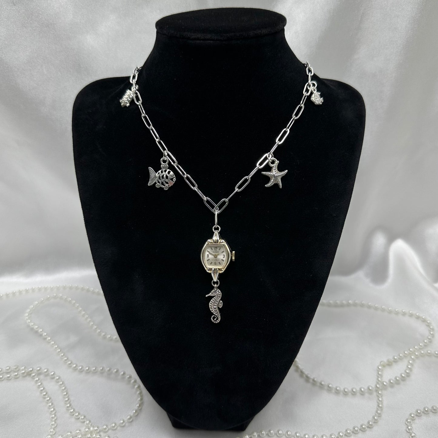 Silver Lariat Necklace with Vintage Watch and Ocean Charms