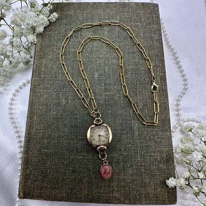 Vintage Ruby Accented Watch Necklace with Cameo Charm