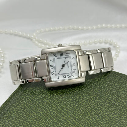 Silver Square Dial Chunky Watch with Roman Numeral Markers