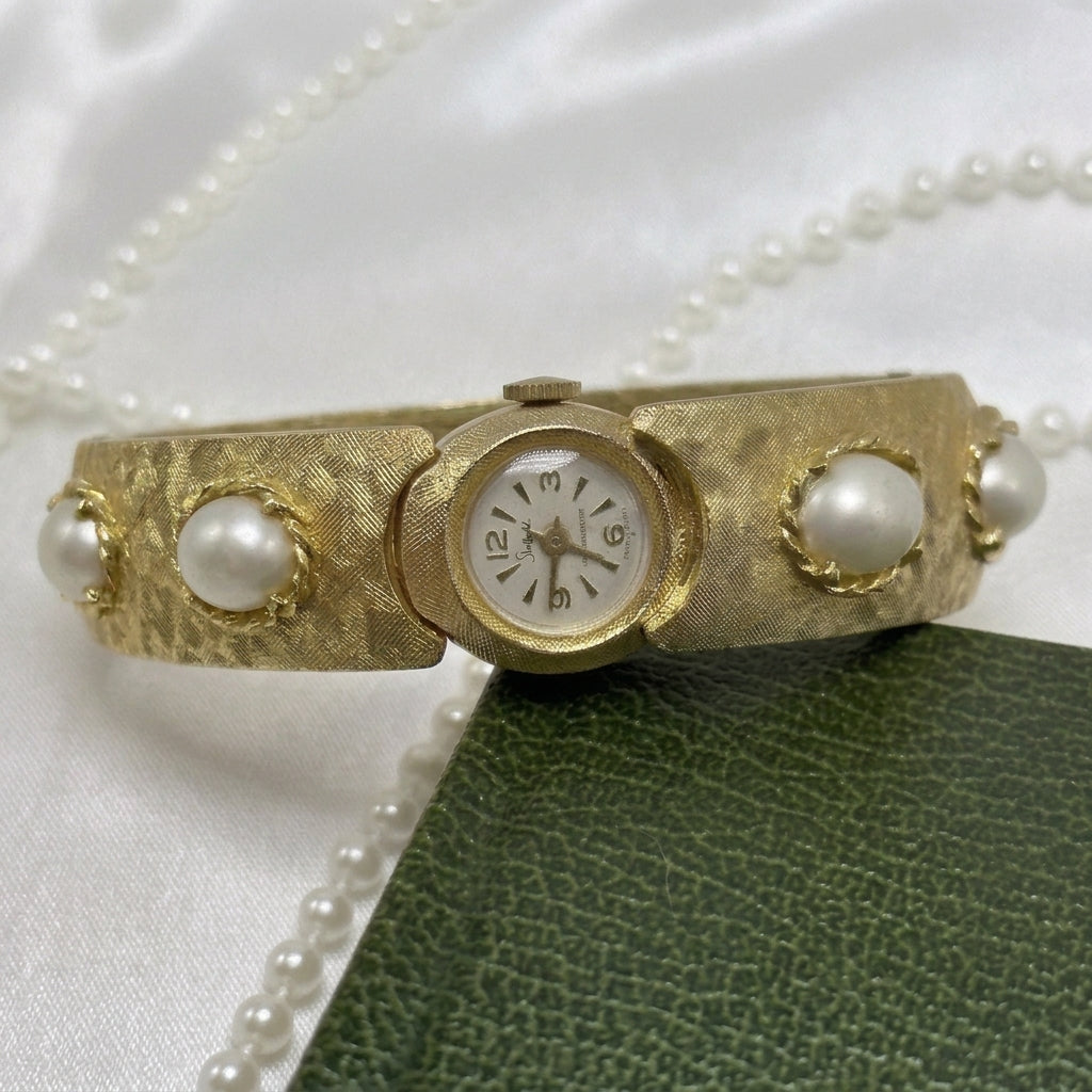 Vintage Gold Bangle Peekaboo Watch with Pearls