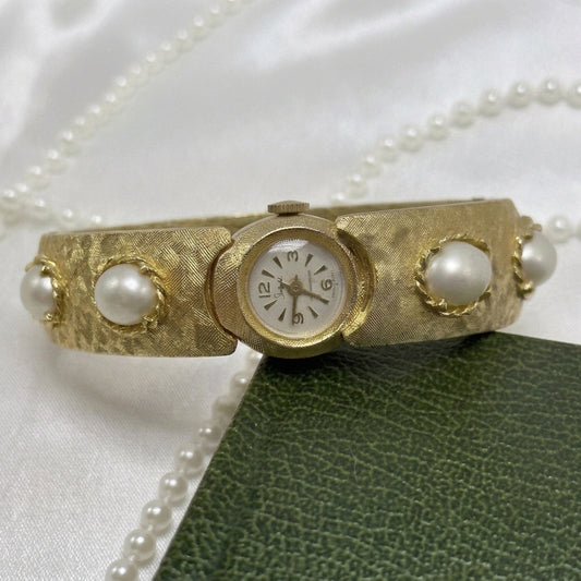 Vintage Gold Bangle Peekaboo Watch with Pearls